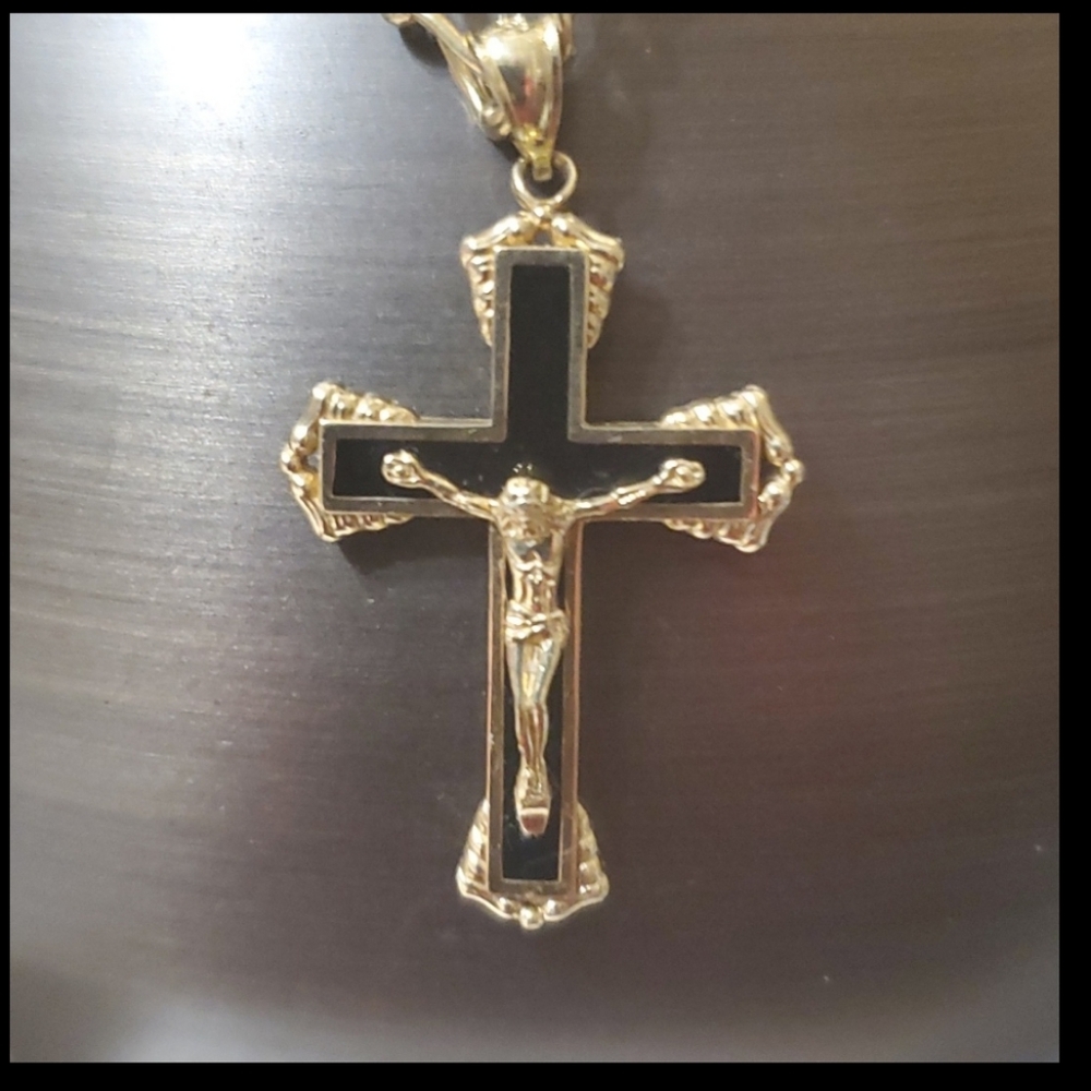 10K GOLD  Crusifix Pendant Black Onyx Gold - Picture 2 of 8